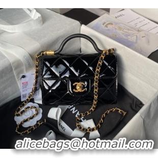 Luxury Cheap Chanel Patent Calfskin Mini Flap Bag with Top Handle AS4956 Black 2024