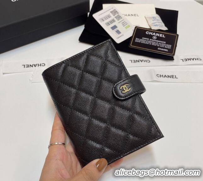 Unique Grade Chanel Grained Calfskin Passport Cover AP3196 Black/Gold 2024