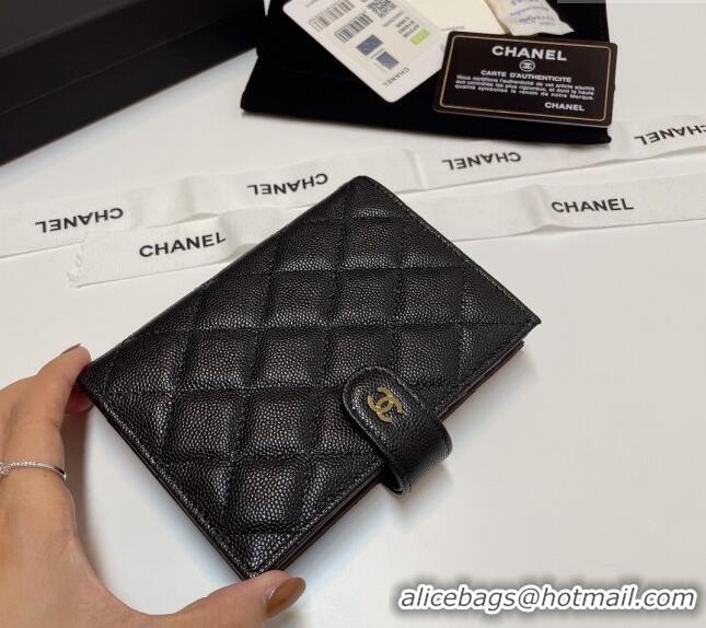 Unique Grade Chanel Grained Calfskin Passport Cover AP3196 Black/Gold 2024