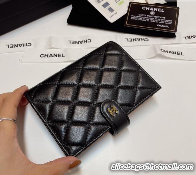 Top Quality Chanel Lambskin Passport Cover AP3196 Black/Gold 2024