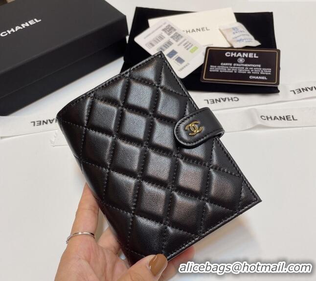 Top Quality Chanel Lambskin Passport Cover AP3196 Black/Gold 2024