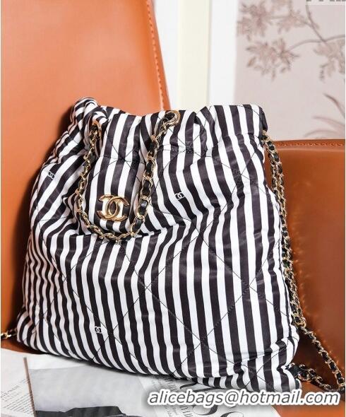 Super Quality Chanel Coco Beach Stripes Printed Fabric Large Backpack Bag AS4692 White/Black 2024