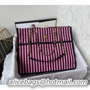 Top Quality Chanel Coco Beach Stripes Print Canvas Shopping Bag AS4693 Pink/Black 2024