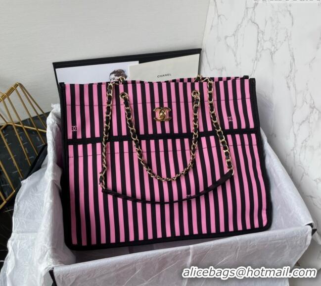 Top Quality Chanel Coco Beach Stripes Print Canvas Shopping Bag AS4693 Pink/Black 2024