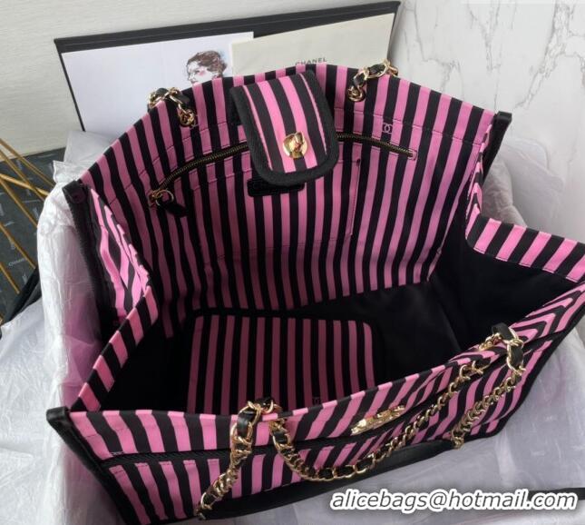 Top Quality Chanel Coco Beach Stripes Print Canvas Shopping Bag AS4693 Pink/Black 2024