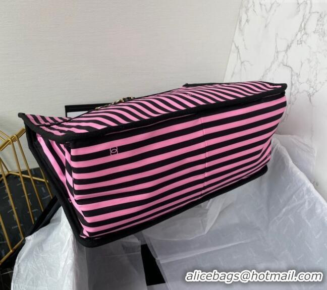 Top Quality Chanel Coco Beach Stripes Print Canvas Shopping Bag AS4693 Pink/Black 2024