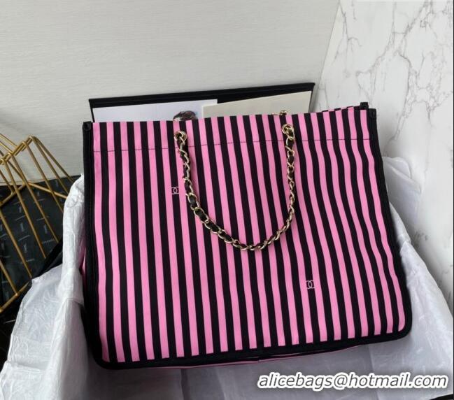 Top Quality Chanel Coco Beach Stripes Print Canvas Shopping Bag AS4693 Pink/Black 2024