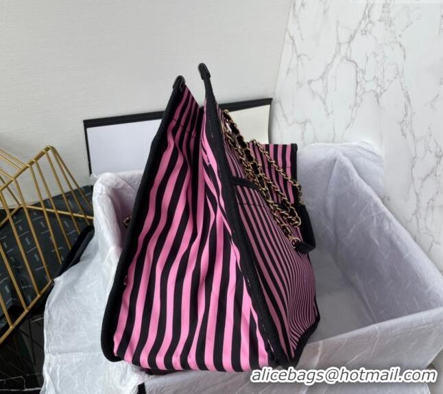 Top Quality Chanel Coco Beach Stripes Print Canvas Shopping Bag AS4693 Pink/Black 2024