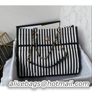 Traditional Specials Chanel Coco Beach Stripes Print Canvas Shopping Bag AS4693 White/Black 2024