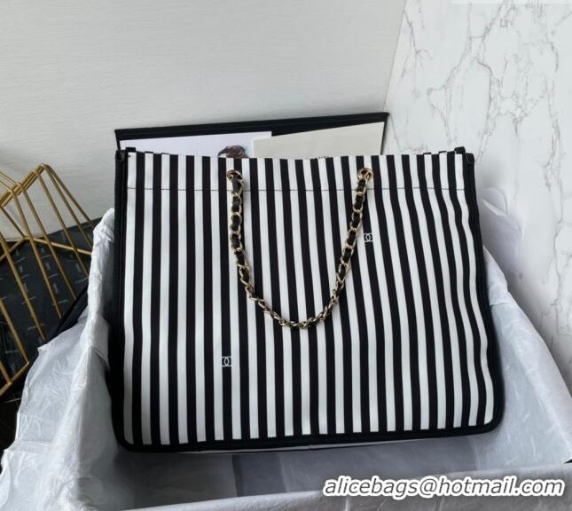 Traditional Specials Chanel Coco Beach Stripes Print Canvas Shopping Bag AS4693 White/Black 2024