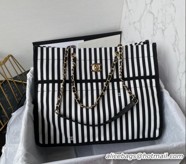 Traditional Specials Chanel Coco Beach Stripes Print Canvas Shopping Bag AS4693 White/Black 2024