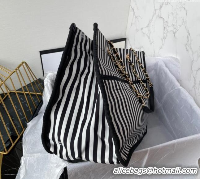 Traditional Specials Chanel Coco Beach Stripes Print Canvas Shopping Bag AS4693 White/Black 2024