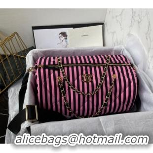 Famous Brand Chanel Coco Beach Stripes Printed Fabric Large Bowling Bag AS4696 Pink/Black 2024