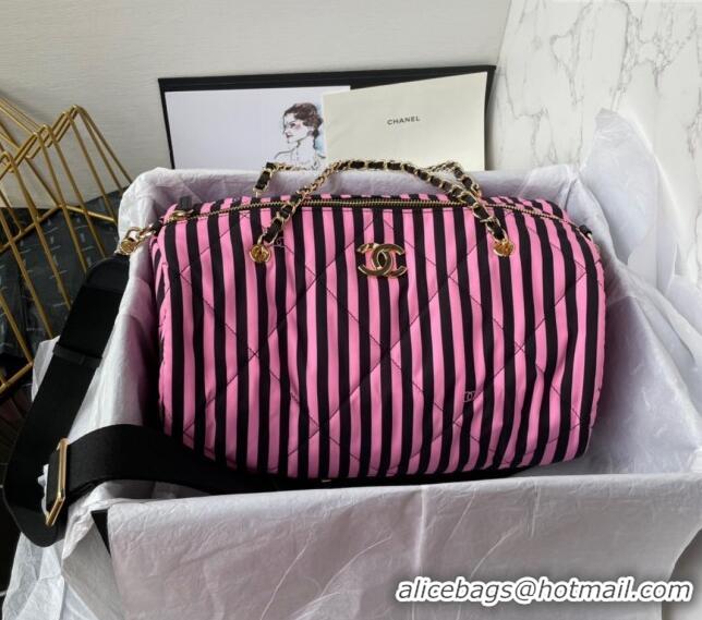 Famous Brand Chanel Coco Beach Stripes Printed Fabric Large Bowling Bag AS4696 Pink/Black 2024