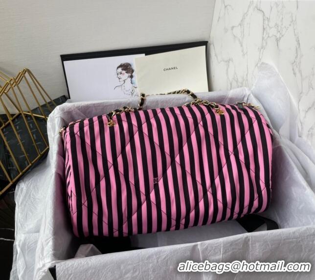 Famous Brand Chanel Coco Beach Stripes Printed Fabric Large Bowling Bag AS4696 Pink/Black 2024