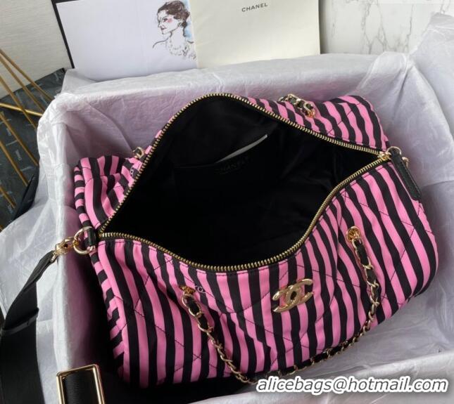 Famous Brand Chanel Coco Beach Stripes Printed Fabric Large Bowling Bag AS4696 Pink/Black 2024