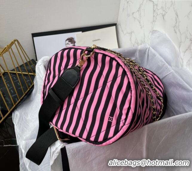 Famous Brand Chanel Coco Beach Stripes Printed Fabric Large Bowling Bag AS4696 Pink/Black 2024