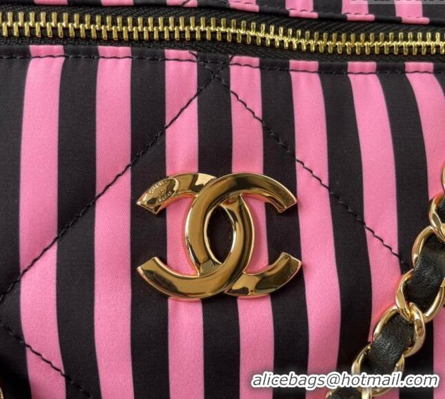 Famous Brand Chanel Coco Beach Stripes Printed Fabric Large Bowling Bag AS4696 Pink/Black 2024