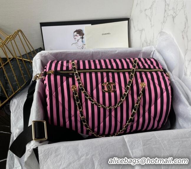 Famous Brand Chanel Coco Beach Stripes Printed Fabric Large Bowling Bag AS4696 Pink/Black 2024