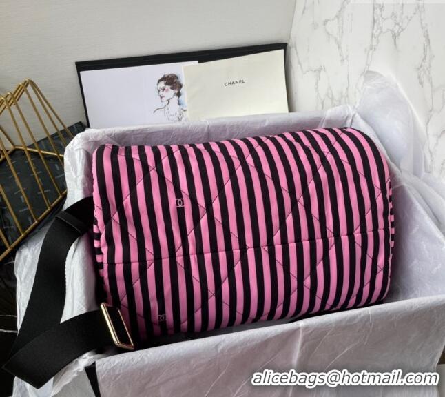 Famous Brand Chanel Coco Beach Stripes Printed Fabric Large Bowling Bag AS4696 Pink/Black 2024