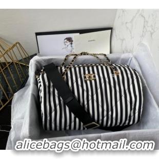 Grade Quality Chanel Coco Beach Stripes Printed Fabric Large Bowling Bag AS4696 White/Black 2024