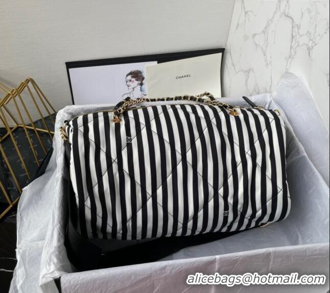 Grade Quality Chanel Coco Beach Stripes Printed Fabric Large Bowling Bag AS4696 White/Black 2024