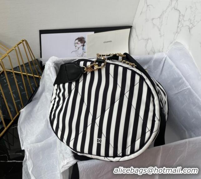 Grade Quality Chanel Coco Beach Stripes Printed Fabric Large Bowling Bag AS4696 White/Black 2024