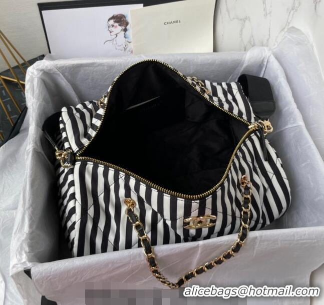 Grade Quality Chanel Coco Beach Stripes Printed Fabric Large Bowling Bag AS4696 White/Black 2024