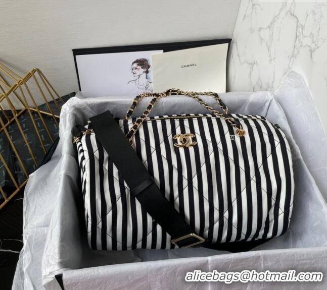 Grade Quality Chanel Coco Beach Stripes Printed Fabric Large Bowling Bag AS4696 White/Black 2024