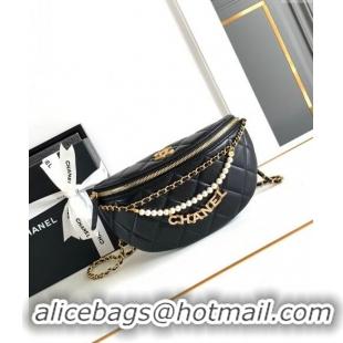 Super Quality Chanel Shiny Lambskin Waist Bag with Pearls AS4991 Black 2024