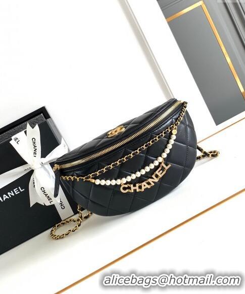 Super Quality Chanel Shiny Lambskin Waist Bag with Pearls AS4991 Black 2024