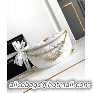 Buy Discount Chanel Shiny Lambskin Waist Bag with Pearls AS4991 White 2024