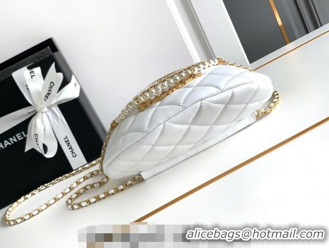 Buy Discount Chanel Shiny Lambskin Waist Bag with Pearls AS4991 White 2024