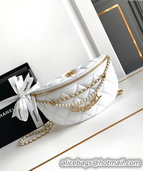 Buy Discount Chanel Shiny Lambskin Waist Bag with Pearls AS4991 White 2024