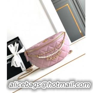 Best Grade Chanel Shiny Lambskin Waist Bag with Pearls AS4991 Pink 2024