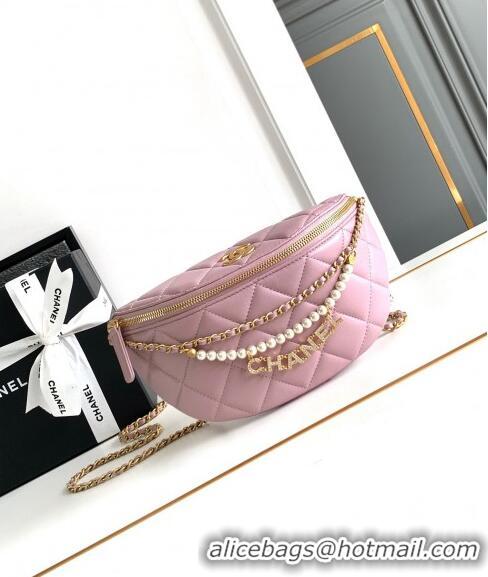 Best Grade Chanel Shiny Lambskin Waist Bag with Pearls AS4991 Pink 2024