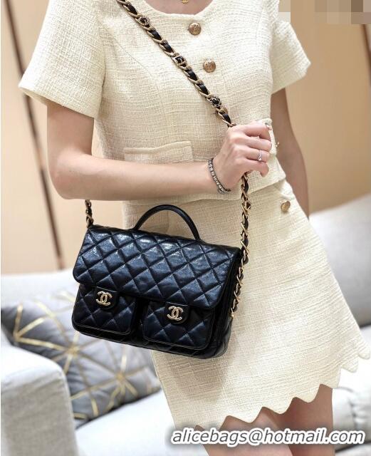 Inexpensive Chanel Message Bag with Pockets in Waxed Sheepskin AS4993 Black 2024 Top Quality