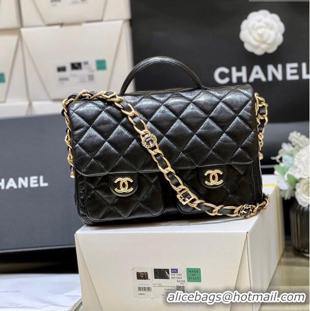 Inexpensive Chanel Message Bag with Pockets in Waxed Sheepskin AS4993 Black 2024 Top Quality