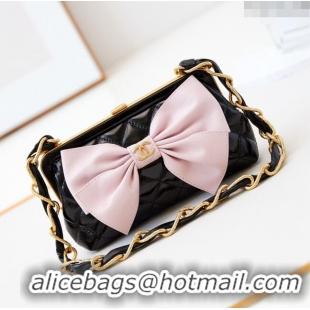 Super Quality Chanel Bowknot Clutch with Chain in Crumpled Lambskin AP4027 Black/Pink 2024