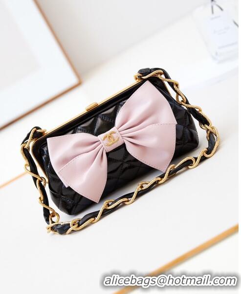 Super Quality Chanel Bowknot Clutch with Chain in Crumpled Lambskin AP4027 Black/Pink 2024