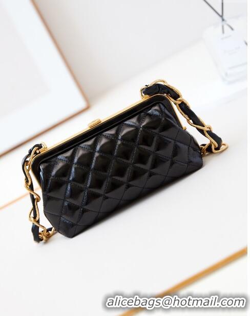 Super Quality Chanel Bowknot Clutch with Chain in Crumpled Lambskin AP4027 Black/Pink 2024