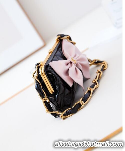 Super Quality Chanel Bowknot Clutch with Chain in Crumpled Lambskin AP4027 Black/Pink 2024