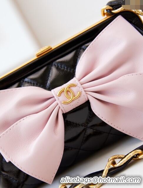 Super Quality Chanel Bowknot Clutch with Chain in Crumpled Lambskin AP4027 Black/Pink 2024