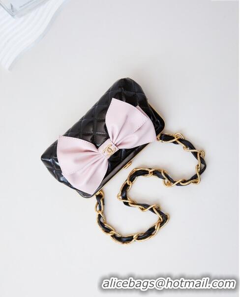 Super Quality Chanel Bowknot Clutch with Chain in Crumpled Lambskin AP4027 Black/Pink 2024