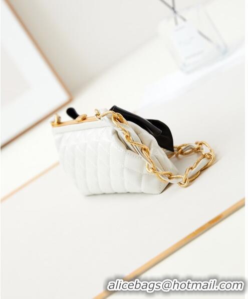 New Release Creation Chanel Bowknot Clutch with Chain in Crumpled Lambskin AP4027 White/Black 2024