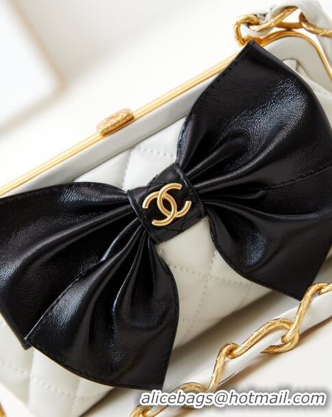 New Release Creation Chanel Bowknot Clutch with Chain in Crumpled Lambskin AP4027 White/Black 2024