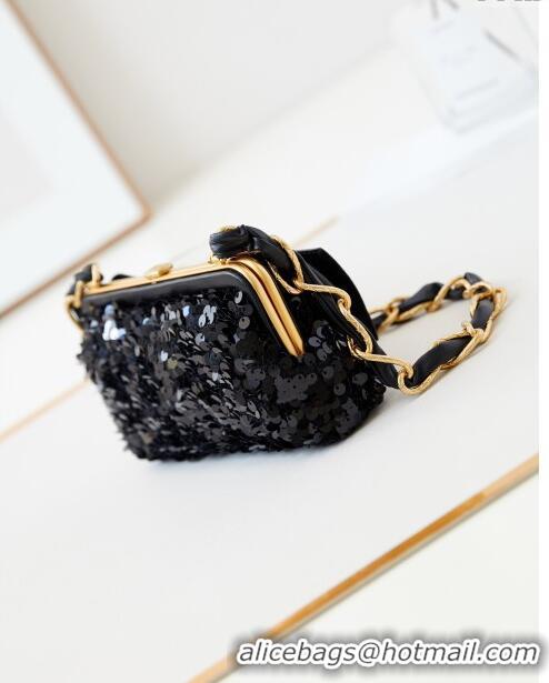 Good Taste Chanel Bowknot Clutch with Chain in Sequins AP4027 Black 2024