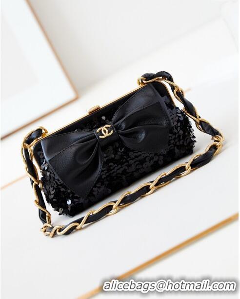 Good Taste Chanel Bowknot Clutch with Chain in Sequins AP4027 Black 2024