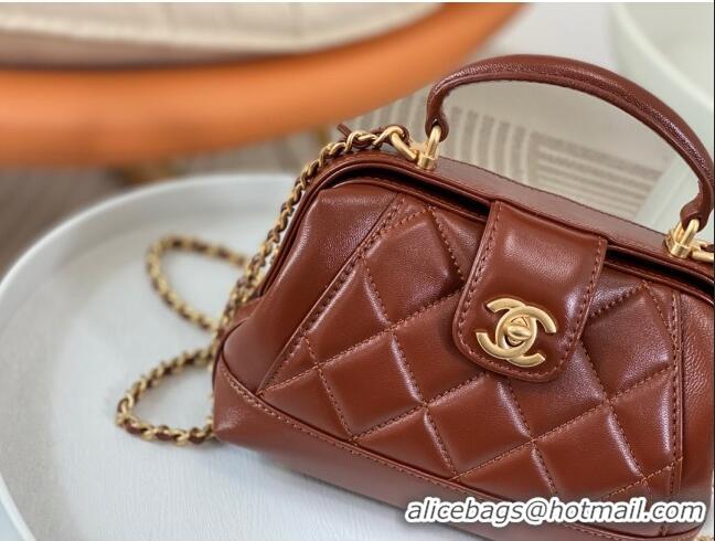 Super Quality Chanel Shiny Lambskin Mini Bag with Top Handle Bag AS4958 Brown 2024