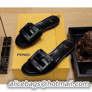 Best Product Fendi Baguette Flat Slide Sandals in Lambskin Black 326078